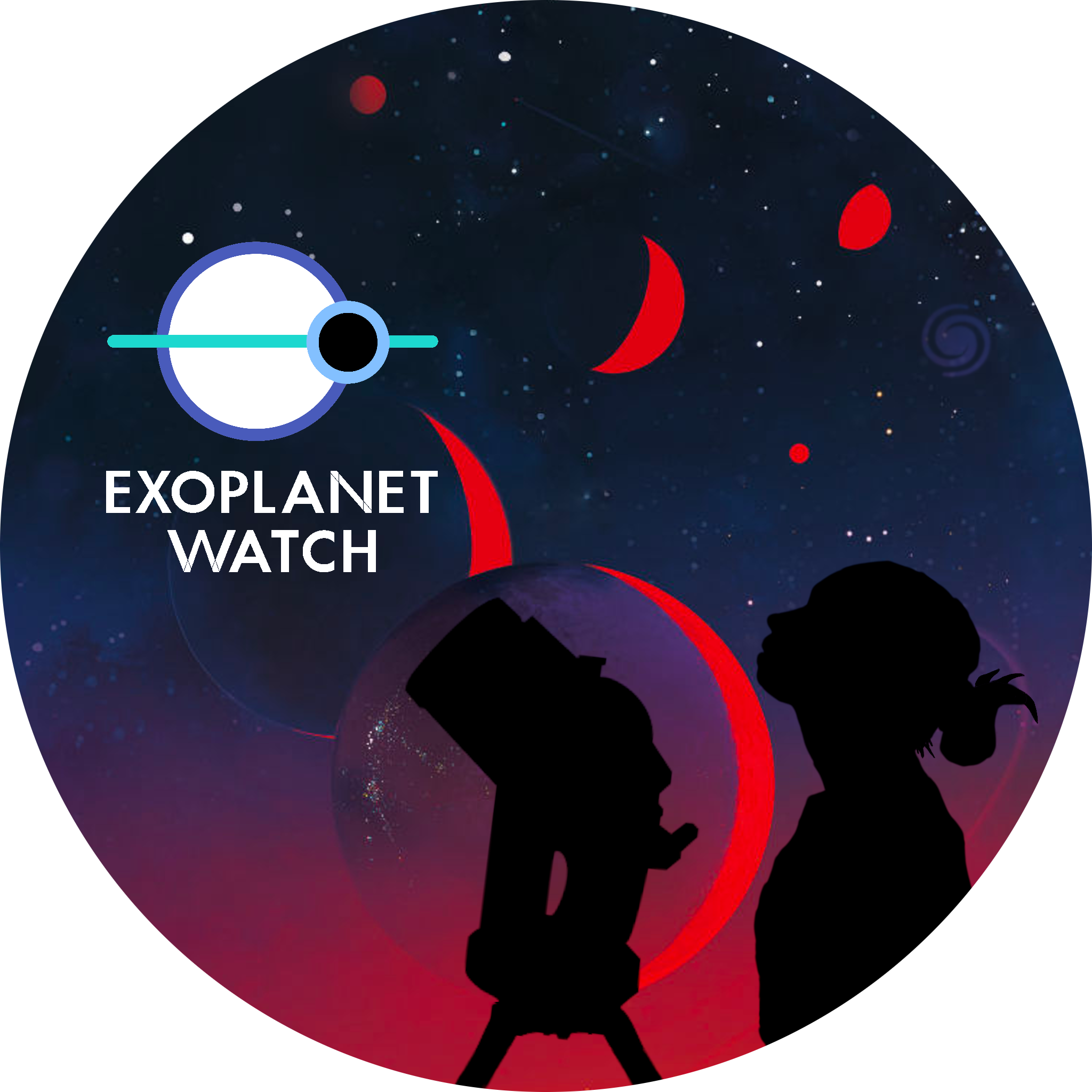 Exoplanet Watch. A person with a telescope looks up towards a symbol of a transiting exoplanet against a background of exoplanets in the night sky.